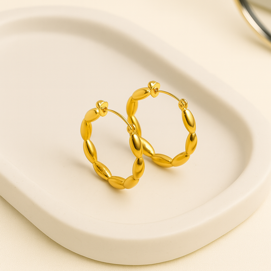 Golden Olive Hoops – Anti-Tarnish Textured Gold-Plated Earrings