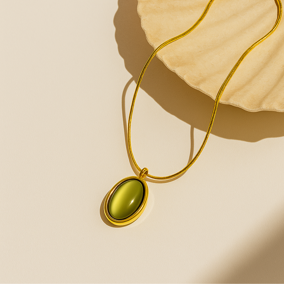 Olive Drop – Minimal Green Stone Pendant Necklace