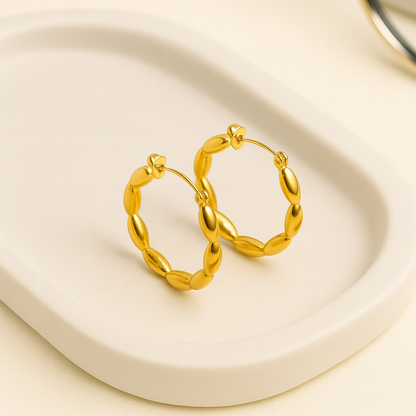 Golden Olive Hoops – Anti-Tarnish Textured Gold-Plated Earrings