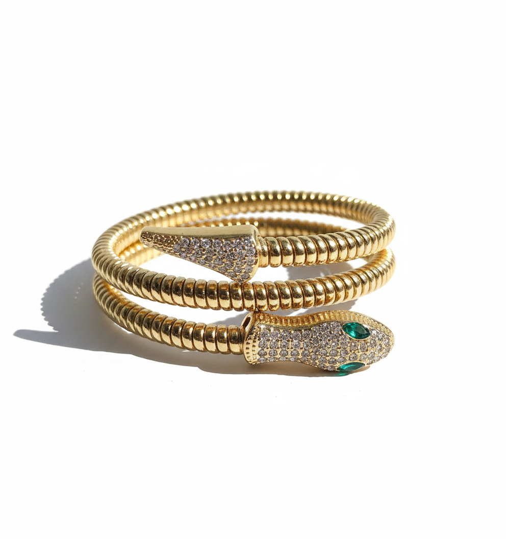 Emerald Snake Wrap Bracelet – Stretchable Gold-Plated Anti-Tarnish Coil Bangle