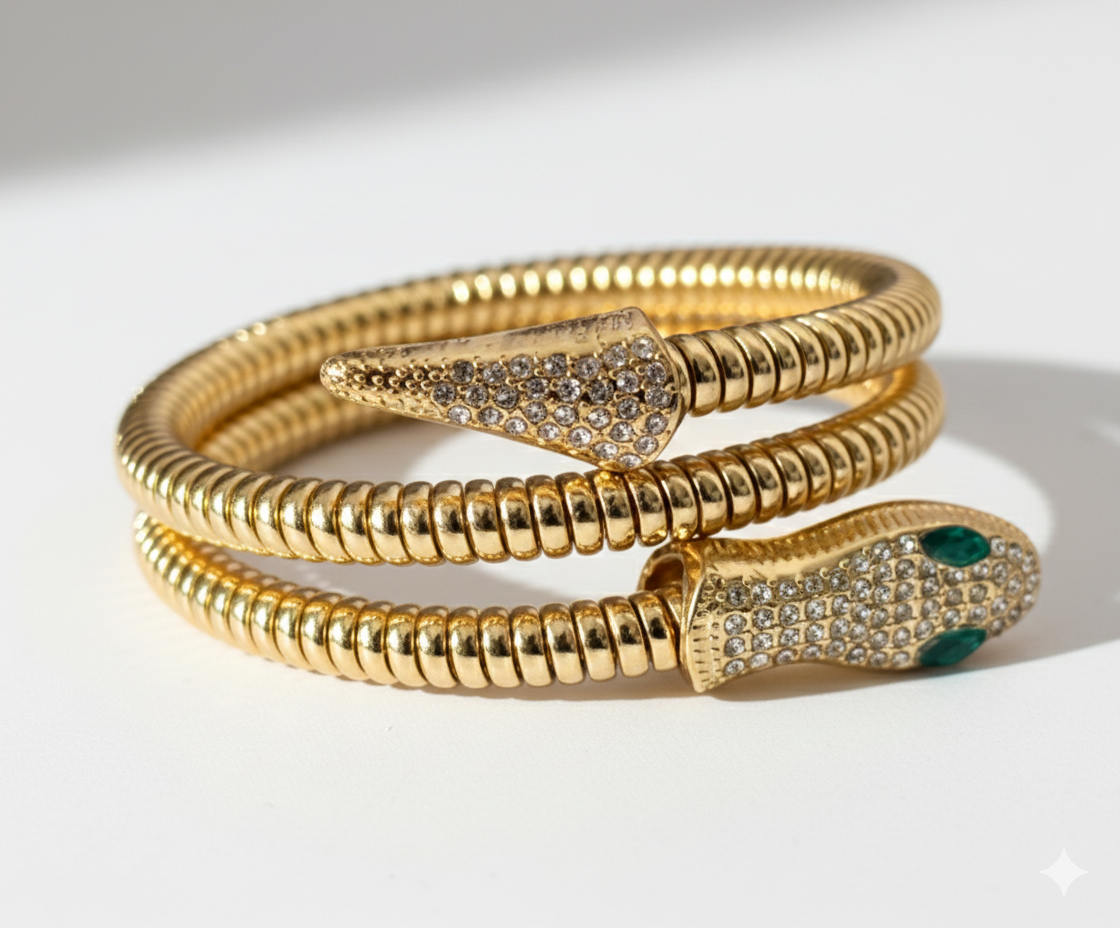 Emerald Snake Wrap Bracelet – Stretchable Gold-Plated Anti-Tarnish Coil Bangle