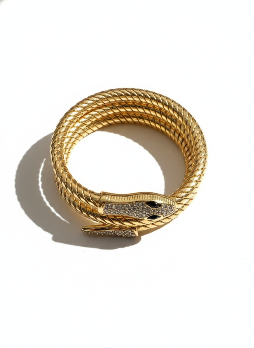 Black Snake Wrap Bracelet- Stretchable Gold-Plated Anti-Tarnish Coil Bangle